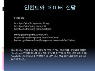 인텐트와 데이터 전달
 부가데이터

 Intent putExtra(String name, String)
 Intent putExtra(string name, int)
 Intent putExtra(string name, boolean)

 String getStringExtra(String name)
 Int getIntExtra(String name, int defaultValue)
 Boolean getBooleanExtra(String name, boolean defaultValue)



객체 자체는 전달할수 없는 단점이 있다. 그래서 데이터를 배열을로직렬화
,Serializable 인터페이스를 사용하여 전달할 수 있다. 하지만 안드로이드에선
Parcelable 인터페이스를 권장하는데 내부적인 전달 메커니즘이 만들어져
있기 때문이다.
 
