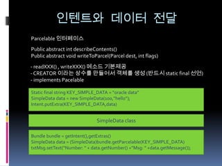 인텐트와 데이터 전달
Parcelable 인터페이스
Public abstract int describeContents()
Public abstract void writeToParcel(Parcel dest, int flags)
- readXXX() , writeXXX() 메소드 기본제공
- CREATOR 이라는 상수를 만들어서 객체를 생성 (반드시 static final 선언)
- implements Pacelable

Static final string KEY_SIMPLE_DATA = “oracle data”
SimpleData data = new SimpleData(100,”hello”);
Intent.putExtra(KEY_SIMPLE_DATA,data)


                               SimpleData class

Bundle bundle = getIntent(),getExtras()
SimpleData data = (SimpleData)bundle.getParcelable(KEY_SIMPLE_DATA)
txtMsg.setText(“Number: “ + data.getNumber() +”Msg: “ +data.getMessage());
 