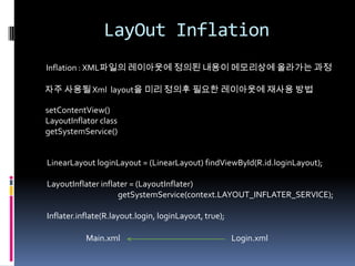 LayOut Inflation
Inflation : XML파일의 레이아웃에 정의된 내용이 메모리상에 올라가는 과정

자주 사용될 Xml layout을 미리 정의후 필요한 레이아웃에 재사용 방법

setContentVie...