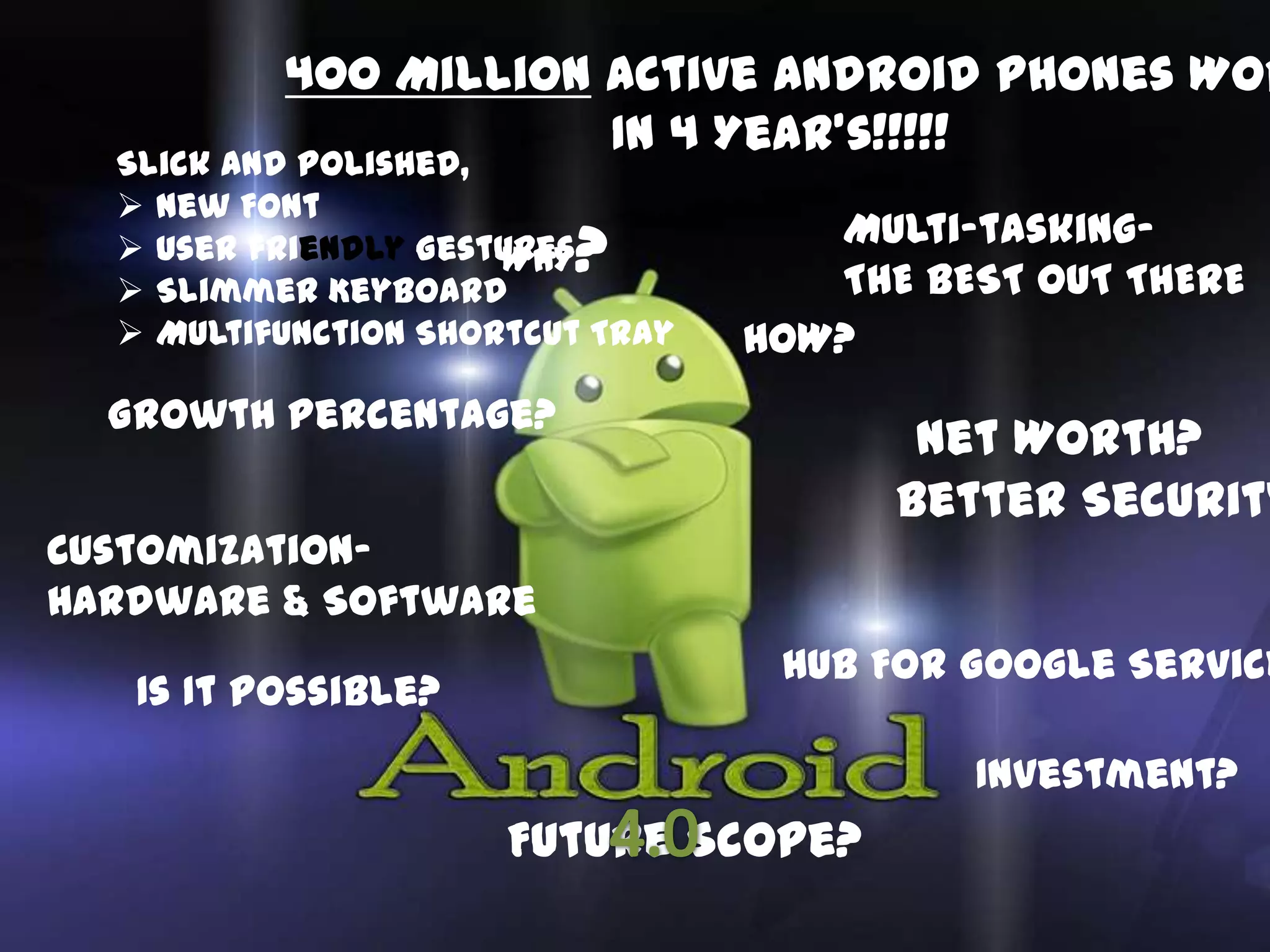 400 Million Active Android Phones WOR
                      In 4 Year’s!!!!!
  Slick And Polished,
   New Font
                                     Multi-tasking-
   Slimmer Keyboard
                      WHY?
   User friendly Gestures
                                     THE BEST OUT THERE
   Multifunction Shortcut Tray   HOW?
  Growth Percentage?
                                         Net Worth?
                                        Better Security
Customization-
Hardware & Software
                                   Hub For Google Service
   Is It Possible?
                                           Investment?
                      Future Scope?
 