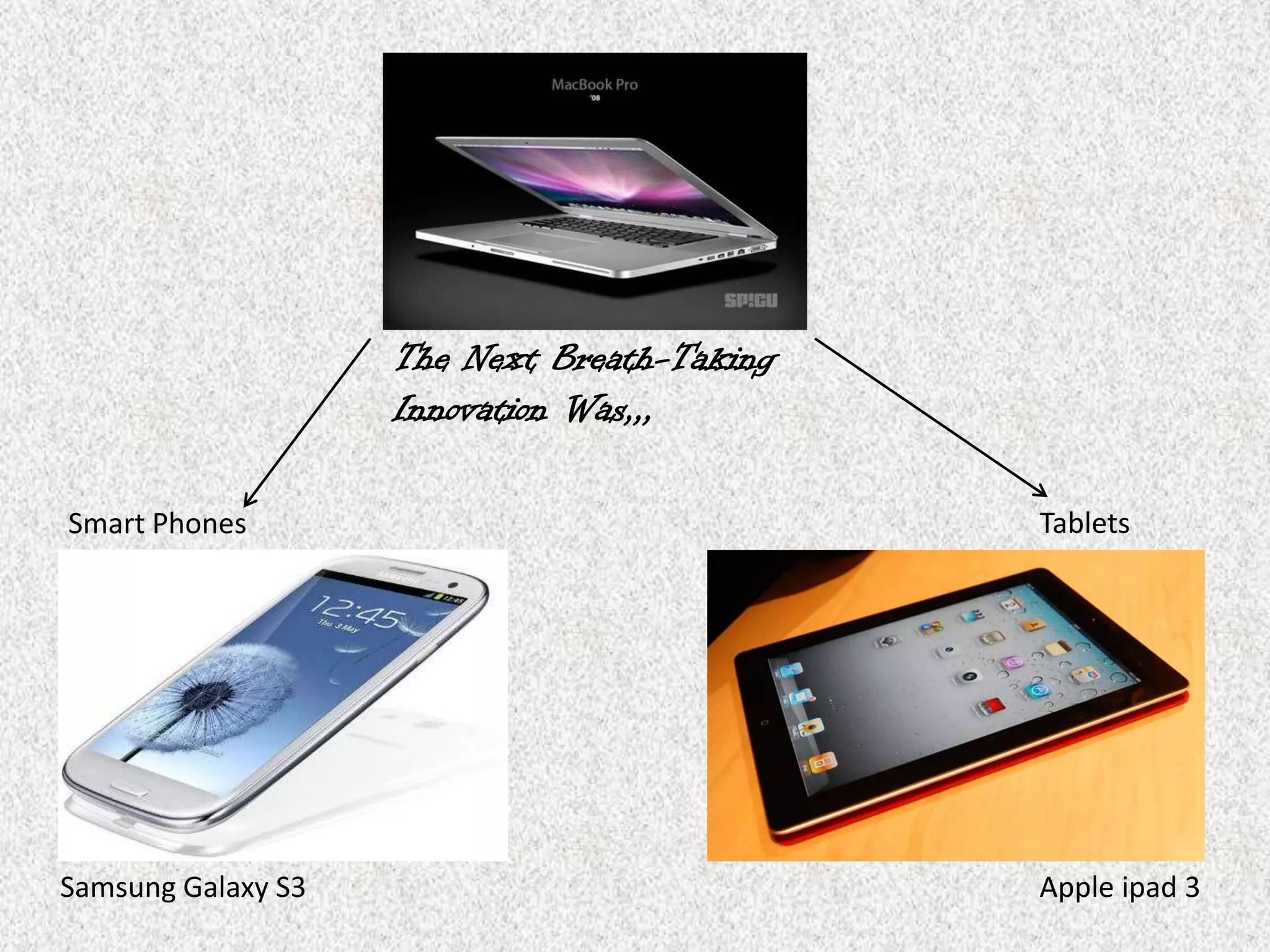 The Next Breath-Taking
                    Innovation Was,,,

Smart Phones                                 Tablets




Samsung Galaxy S3                            Apple ipad 3
 