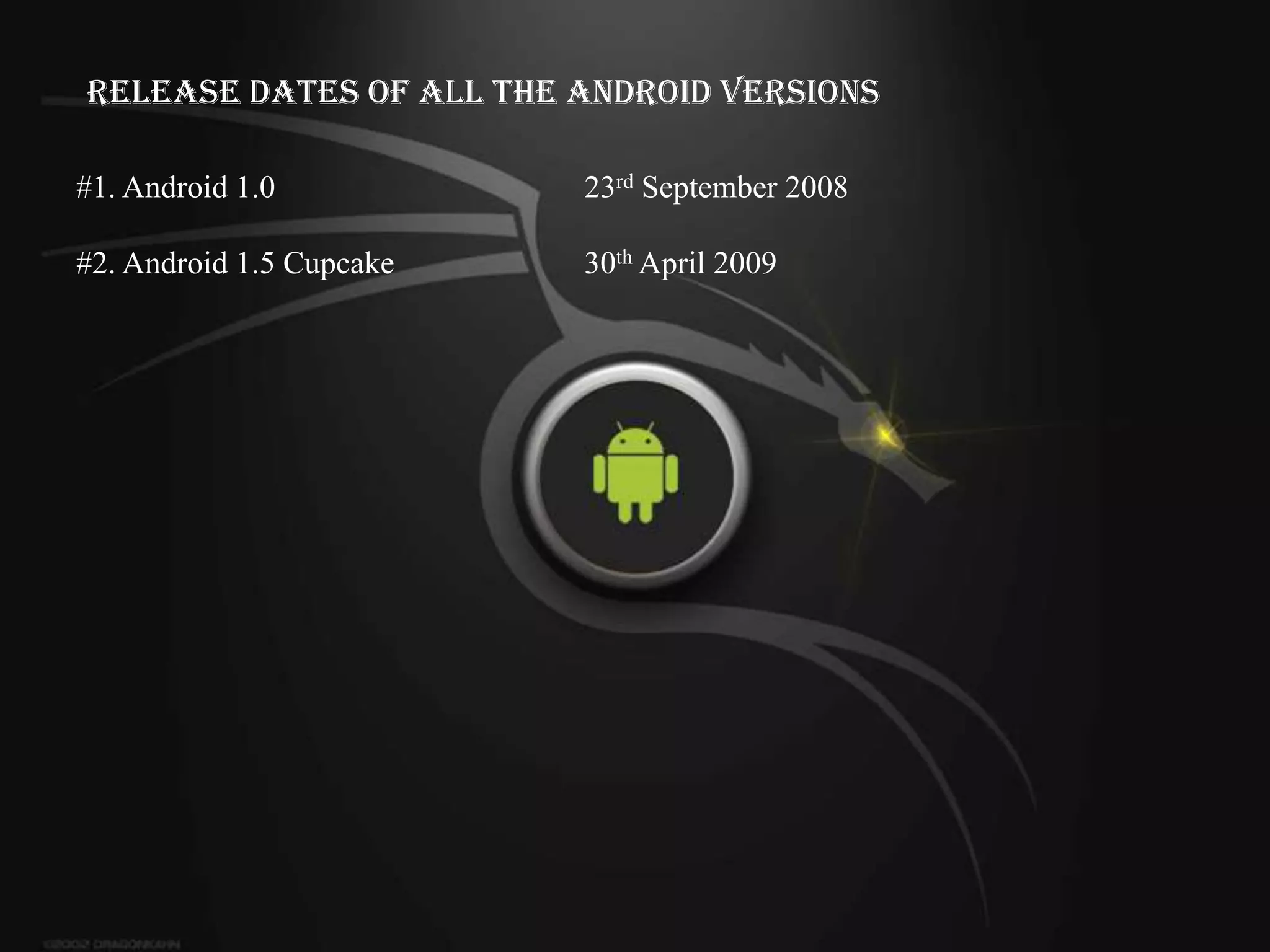 Release Dates of All the Android Versions

#1. Android 1.0           23rd September 2008

#2. Android 1.5 Cupcake   30th April 2009
 
