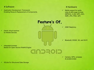 # Software                                                         # Hardware
   Application Development Framework,                               Media support for audio,
    Enabling Reuse & Replacement of Components.                       video & still image formats
                                                                      (MPEG4, H.264, MP3, AAC,
                                                                      AMR, JPG, PNG, GIF)



                                                  Feature’s Of,
                                                                     GSM Telephony

   Dalvik virtual machine
    for Mobile Devices.



                                                                     Bluetooth, EDGE, 3G, and Wi-Fi


   Integrated browser,
    Based On Open Source WebKit Engine




                                                                     Camera, GPS, compass
                                                                      & accelerometer

   SQLite For Structured Data Storage
 