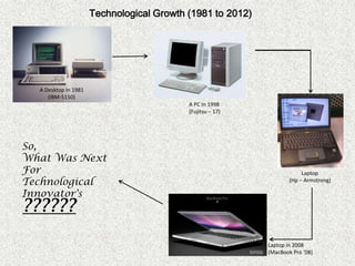 Technological Growth (1981 to 2012)




  A Desktop In 1981
     (IBM-5150)
                                           A PC In 1998
                                           (Fujitsu – 17)




So,
What Was Next
For                                                                      Laptop
Technological                                                       (Hp – Armstrong)

Innovator's
??????
                                                            Laptop in 2008
                                                            (MacBook Pro ‘08)
 