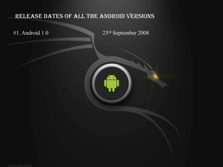 Release Dates of All the Android Versions

#1. Android 1.0          23rd September 2008
 