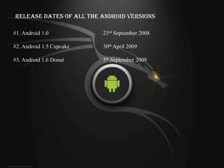 Release Dates of All the Android Versions

#1. Android 1.0           23rd September 2008

#2. Android 1.5 Cupcake   30th April 2009

#3. Android 1.6 Donut     5th September 2009
 