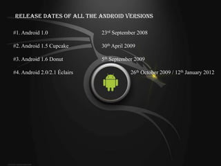 Release Dates of All the Android Versions

#1. Android 1.0               23rd September 2008

#2. Android 1.5 Cupcake       30th April 2009

#3. Android 1.6 Donut         5th September 2009

#4. Android 2.0/2.1 Éclairs               26th October 2009 / 12th January 2012
 