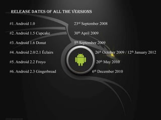 Release Dates of All the Versions

#1. Android 1.0               23rd September 2008

#2. Android 1.5 Cupcake       30th April 2009

#3. Android 1.6 Donut         5th September 2009

#4. Android 2.0/2.1 Éclairs               26th October 2009 / 12th January 2012

#5. Android 2.2 Froyo                      20th May 2010

#6. Android 2.3 Gingerbread              6th December 2010
 