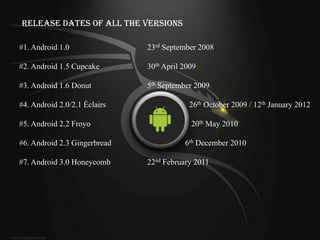 Release Dates of All the Versions

#1. Android 1.0               23rd September 2008

#2. Android 1.5 Cupcake       30th April 2009

#3. Android 1.6 Donut         5th September 2009

#4. Android 2.0/2.1 Éclairs               26th October 2009 / 12th January 2012

#5. Android 2.2 Froyo                      20th May 2010

#6. Android 2.3 Gingerbread              6th December 2010

#7. Android 3.0 Honeycomb     22nd February 2011
 