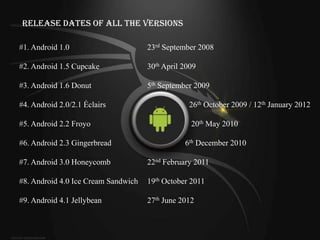 Release Dates of All the Versions

#1. Android 1.0                      23rd September 2008

#2. Android 1.5 Cupcake              30th April 2009

#3. Android 1.6 Donut                5th September 2009

#4. Android 2.0/2.1 Éclairs                      26th October 2009 / 12th January 2012

#5. Android 2.2 Froyo                             20th May 2010

#6. Android 2.3 Gingerbread                     6th December 2010

#7. Android 3.0 Honeycomb            22nd February 2011

#8. Android 4.0 Ice Cream Sandwich   19th October 2011

#9. Android 4.1 Jellybean            27th June 2012
 