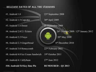 Release Dates of All the Versions

#1. Android 1.0                      23rd September 2008

#2. Android 1.5 Cupcake              30th April 2009

#3. Android 1.6 Donut                5th September 2009

#4. Android 2.0/2.1 Éclairs                      26th October 2009 / 12th January 2012

#5. Android 2.2 Froyo                             20th May 2010

#6. Android 2.3 Gingerbread                     6th December 2010

#7. Android 3.0 Honeycomb            22nd February 2011

#8. Android 4.0 Ice Cream Sandwich   19th October 2011

#9. Android 4.1 Jellybean            27th June 2012

#10. Android 5.0 Key lime Pie        RUMOURED – Q1 2013
 