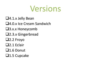Versions
4.1.x Jelly Bean
4.0.x Ice Cream Sandwich
3.x.x Honeycomb
2.3.x Gingerbread
2.2 Froyo
2.1 Eclair
1.6 Donut
1.5 Cupcake
 