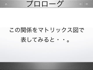 プロローグ


この関係をマトリックス図で
  表してみると・・。
 