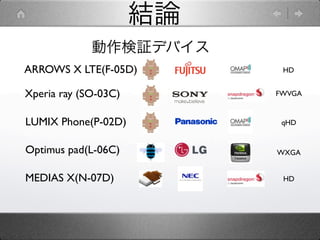 結論
             動作検証デバイス
ARROWS X LTE(F-05D)         HD


Xperia ray (SO-03C)        FWVGA


LUMIX Phone(P-02D)          qHD


Optimus pad(L-06C)         WXGA


MEDIAS X(N-07D)             HD
 