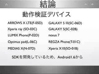 結論
         動作検証デバイス
ARROWS X LTE(F-05D)    GALAXY S Ⅲ(SC-06D)
Xperia ray (SO-03C)    GALAXY S(SC-02B)
LUMIX Phone(P-02D)     nexus 7
Optimus pad(L-06C)     REGZA Phone(T-01C)
MEDIAS X(N-07D)        Xperia X10(SO-01B)

  SDKを開発しているため、Android1.6から
 