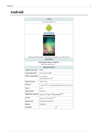 Android                                                                                                       1



    Android
                                                       Android

                                             Parte de la familia Linux




                   Pantalla inicial de Android 4.1 (Jelly Bean) ejecutándose en un Galaxy Nexus
                                                   Desarrollador

                                       Open Handset Alliance y Google Inc.
                                          http:/ / www. android. com/ ''

                                                Información general

              Modelo de desarrollo      FOSS

              Lanzamiento inicial       21 de octubre de 2008

              Última versión estable    4.2, Jelly Bean
                                                              [1]
                                        29 de octubre de 2012

              Tipo de mercado           virtual o físico

              Escrito en                             [2]
                                        C (núcleo),        C++ (algunas bibliotecas de terceros), Java (UI)

              Núcleo                    Linux

              Tipo de núcleo            Monolítico

              Plataformas soportadas ARM, x86,[3] MIPS,[4] IBM POWER[5][6]

              Licencia                                                [7]
                                        Apache 2.0 y GNU GPL 2

              Estado actual             En permanente desarrollo

              Idiomas                   Multilingüe

              En español
 