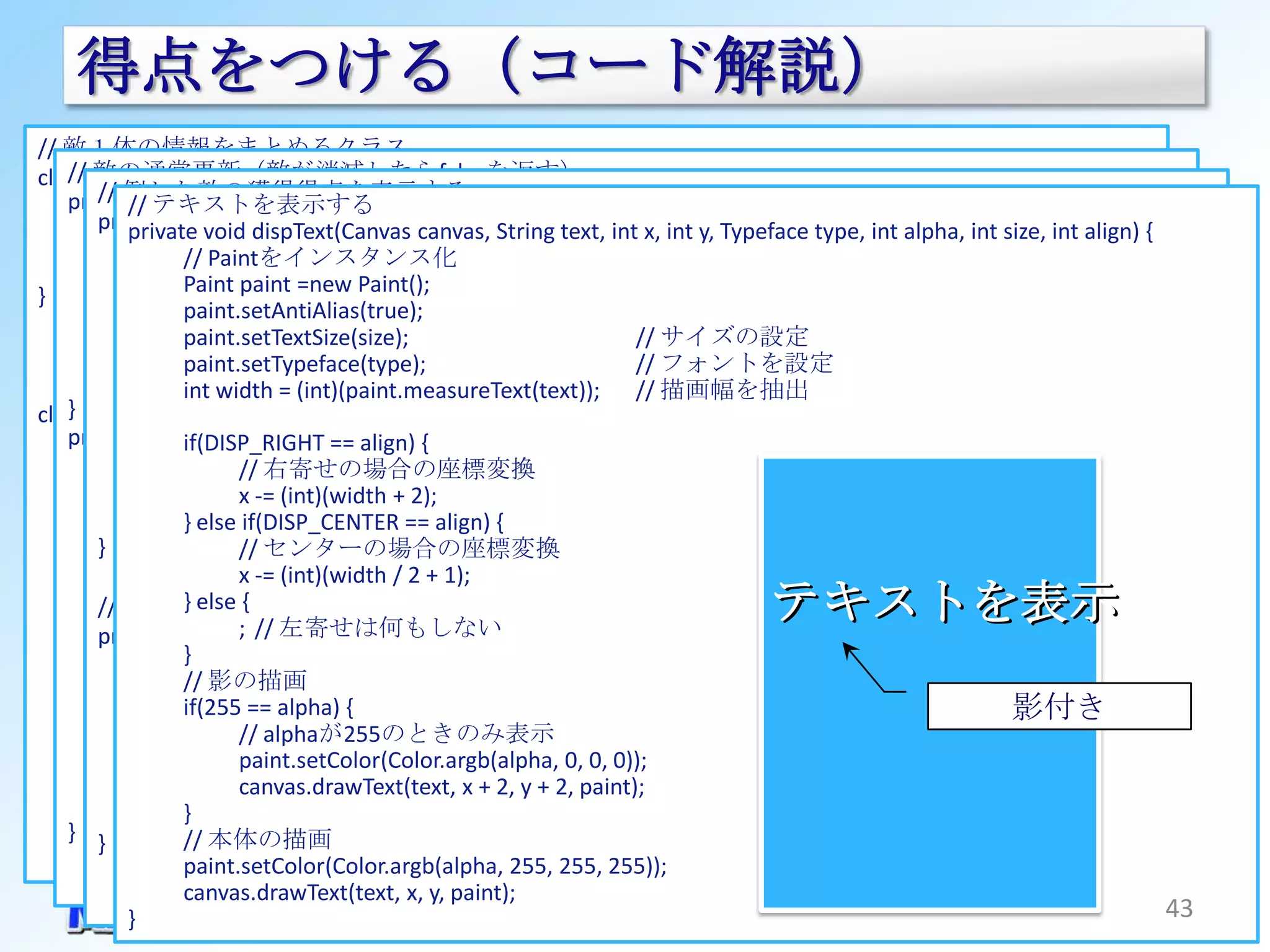 得点をつける（コード解説）
// 敵１体の情報をまとめるクラス
   // 敵の通常更新（敵が消滅したらfalseを返す）
class EnemyInfo {
       // 倒した敵の獲得得点を表示する
   private boolean updateEnemyAlive(EnemyInfo enemy) {
           // テキストを表示する
               ：
       private void dispGetPoint(Canvas canvas) {
          :private void dispText(Canvas canvas, String text, int x, int y, Typeface type, int alpha, int size, int align) {
      public int                 nAlpha;                  // 表示時の透過率
              // 倒した敵の獲得得点を表示する
                  // Paintをインスタンス化
          // 持ち点の更新nPoint;
      public int                                          // 持ち点
              for(EnemyInfo=new :Paint();
                  Paint paint item listEnemys) {
          if(1 < enemy.nPoint) {
}
                 enemy.nPoint /= 2; ENEMY_COUNT_MAX < item.nCount) {
                      if(!item.bAlive &&
                  paint.setAntiAlias(true);
          }       paint.setTextSize(size);
                              String pts = item.nPoint + "pts.";    // サイズの設定
                  paint.setTypeface(type);                          // フォントを設定
          returnint widthint(int)(paint.measureText(text)); // 描画幅を抽出
                    true;      =
                                  x = (int)(VD_WIDTH / 2);
   }                          int y = (int)(VD_HEIGHT / 2 - (item.nCount) * 10);
class GameViewThread extends Thread {
   private voidif(DISP_RIGHT == align) { pts, x, y, Typeface.DEFAULT_BOLD, item.nAlpha, DISP_PTS_SIZE,
      :
                              dispText(canvas,
                    judgeHit() {
                              DISP_CENTER);
      // 敵の生成 // (mHolder) {
          synchronized 右寄せの場合の座標変換
                      } x -=
      private EnemyInfo (int)(width + {2); nJudgementCount && null != rctTouch) {
                 if(JUDGEMENT_TIME -2 <=
                                genEnemy()
              } } else if(DISP_CENTER == align) { ; 0<=i ; i--){
                           for(int i=listEnemys.size()-1
             :
       }                  // センターの場合の座標変換
                                  EnemyInfo enemy = listEnemys.get(i);
             // 持ち点を設定    x -= (int)(width / 2 + 1);&& Rect.intersects(rctTouch, enemy.rctCurrentArea)){
                                  if(enemy.bAlive
             rv.nPoint { 100 * (ENEMY_SPEED_MAX - rv.nSpeed + 1) *
                  } else =
       // スコア等ゲーム情報を表示する
             (10 - (int)(10 左寄せは何もしない
                                          :
                          ; // * (enemy_width canvas) {
                                                                              テキストを表示
                                                 - ENEMY_WIDTH_MIN) / (ENEMY_WIDTH_MAX -
                                          // 得点を加算する
       private void dispGameInfo(Canvas
             ENEMY_WIDTH_MIN)));
                  }
              // スコアタイトルを表示する += enemy.nPoint;
                                          nScore
                  // 影の描画}
              String title = mContext.getString(R.string.txt_score);
             return rv;}== alpha) {
                  if(255                                         キャラクターの大きさ、スピードにより                       影付き
              dispText(canvas, title, 0, DIAP_TITLE_POS_Y, Typeface.DEFAULT, 255, DISP_TITLE_SIZE, DISP_LEFT);
      }                   // alphaが255のときのみ表示
              // スコアを表示する  :
                          paint.setColor(Color.argb(alpha, 0, 0, 0));         持ち点を算出する
      :          }
              String score = "" + nScore;
                          canvas.drawText(text, x + 2, y + 2, paint);
          } dispText(canvas, score, 0, DIAP_INFO_POS_Y, Typeface.DEFAULT_BOLD, 255, DISP_INFO_SIZE, DISP_LEFT);
                  }
   } }            // 本体の描画
                  paint.setColor(Color.argb(alpha, 255, 255, 255));
                  canvas.drawText(text, x, y, paint);
           }                                                                                                                43
 