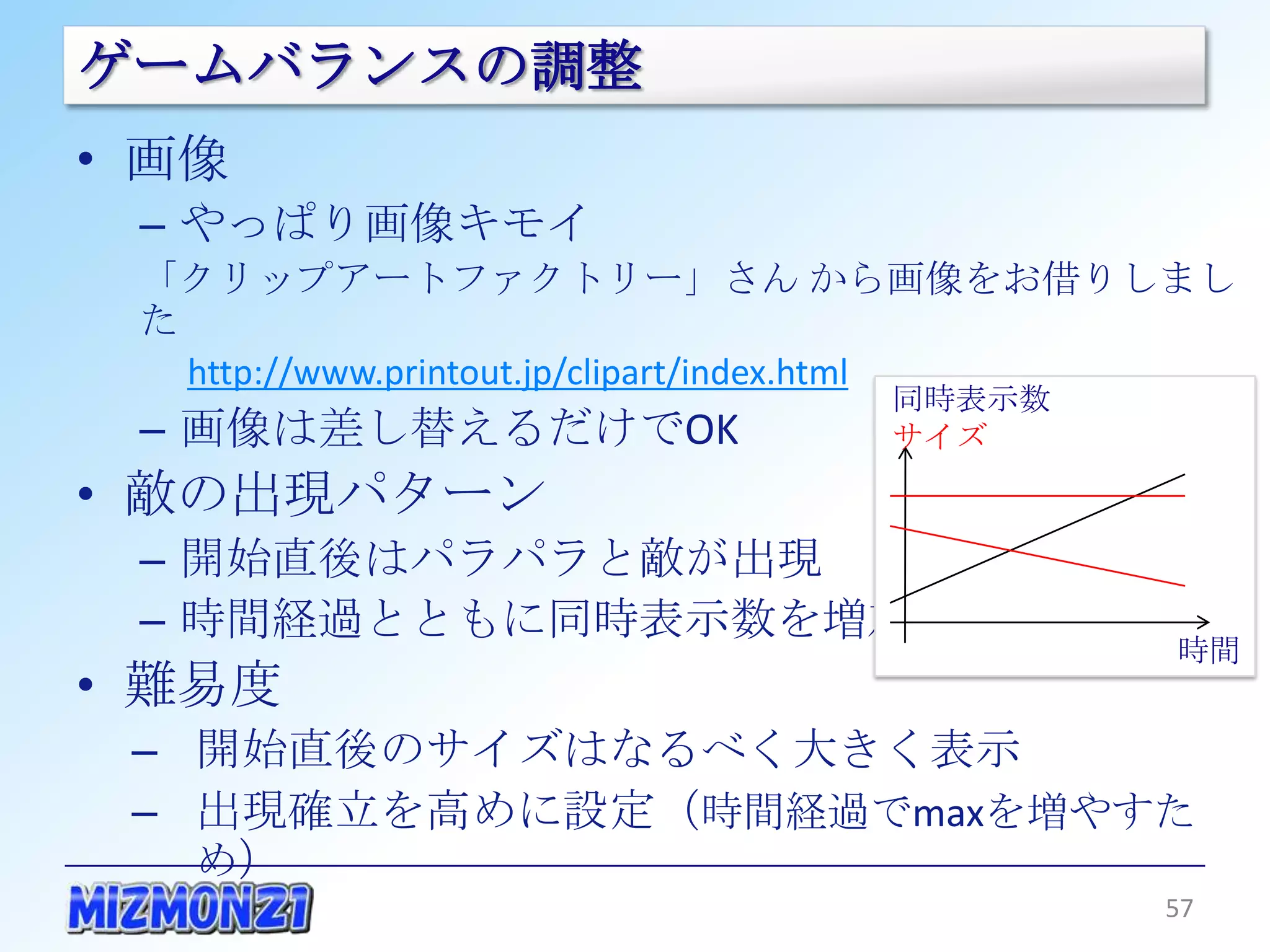 ゲームバランスの調整
• 画像
 – やっぱり画像キモイ
 「クリップアートファクトリー」さん から画像をお借りしました
   http://www.printout.jp/clipart/index.html
 – 画像は差し替えるだけでOK                   同時表示数
                                   サイズ
• 敵の出現パターン
 – 開始直後はパラパラと敵が出現
 – 時間経過とともに同時表示数を増加
• 難易度                                          時間
 – 開始直後のサイズはなるべく大きく表示
 – 出現確立を高めに設定（時間経過でmaxを増やすため）

                                               57
 