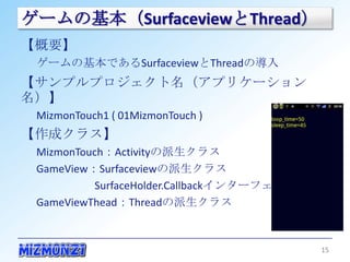ゲームの基本（SurfaceviewとThread）
【概要】
 ゲームの基本であるSurfaceviewとThreadの導入
【サンプルプロジェクト名（アプリケーション名）】
 MizmonTouch1 ( 01MizmonTouch )
【...