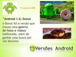 15 setembro 2009




*Android 1.6: Dunut
o Donut foi a versão que
trouxe uma galeria
de fotos e vídeos
melhorada, além de
ganhar uma busca por
voz decente.

                         *
 