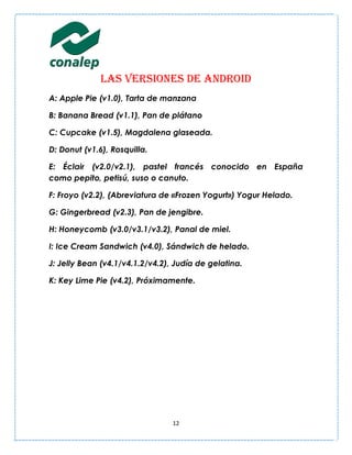 Las versiones de Android
A: Apple Pie (v1.0), Tarta de manzana

B: Banana Bread (v1.1), Pan de plátano

C: Cupcake (v1.5), Magdalena glaseada.

D: Donut (v1.6), Rosquilla.

E: Éclair (v2.0/v2.1), pastel francés conocido en España
como pepito, petisú, suso o canuto.

F: Froyo (v2.2), (Abreviatura de «Frozen Yogurt») Yogur Helado.

G: Gingerbread (v2.3), Pan de jengibre.

H: Honeycomb (v3.0/v3.1/v3.2), Panal de miel.

I: Ice Cream Sandwich (v4.0), Sándwich de helado.

J: Jelly Bean (v4.1/v4.1.2/v4.2), Judía de gelatina.

K: Key Lime Pie (v4.2), Próximamente.




                                 12
 