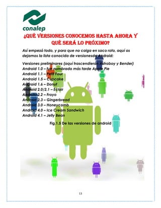 ¿Qué versiones conocemos hasta ahora y
          qué será lo próximo?
Así empezó todo, y para que no caiga en saco roto, aquí os
dejamos la lista conocida de versionesde Android:

Versiones preliminares (aquí trascendieron Astroboy y Bender)
Android 1.0 – fue nombrado más tarde Apple Pie
Android 1.1 – Petit Four
Android 1.5 – Cupcake
Android 1.6 – Donut
Android 2.0/2.1 – Éclair
Android 2.2 – Froyo
Android 2.3 – Gingerbread
Android 3.0 – Honeycomb
Android 4.0 – Ice Cream Sandwich
Android 4.1 – Jelly Bean

              Fig.1.5 De las versiones de android




                               13
 