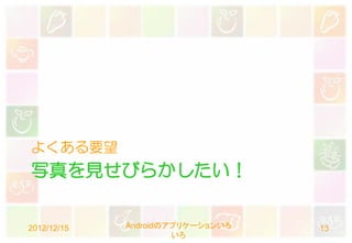 よくある要望
写真を見せびらかしたい！


2012/12/15   Androidのアプリケーションいろ   13
                      いろ
 