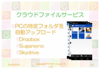クラウドファイルサービス
      PCの特定フォルダを
      自動アップロード
         Dropbox
         Sugarsync
         Skydrive

2012/12/15     Androidのアプリケーションいろ   15
                        いろ
 