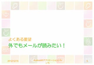 よくある要望
外でもメールが読みたい！


2012/12/15   Androidのアプリケーションいろ   5
                      いろ
 