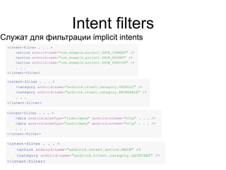 Intent filters
Служат для фильтрации implicit intents
 