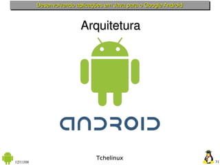 Desenvolvendo aplicações em Java para o Google Android



                           Arquitetura




                                 Tchelinux
12/11/08                                                            31
 