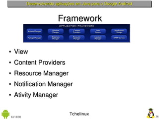 Desenvolvendo aplicações em Java para o Google Android



                           Framework


●   View
●   Content Providers
●   Resource Manager
●   Notification Manager
●   Ativity Manager

                                 Tchelinux
12/11/08                                                            38
 