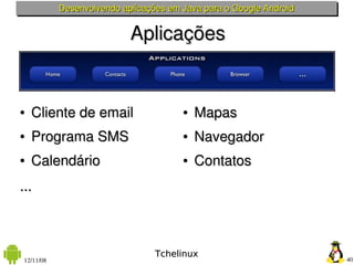 Desenvolvendo aplicações em Java para o Google Android


                            Aplicações


●   Cliente de email                    ●   Mapas
●   Programa SMS                        ●   Navegador
●   Calendário                          ●   Contatos
...     



                                  Tchelinux
 12/11/08                                                            40
 