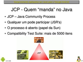 Desenvolvendo aplicações em Java para o Google Android



           JCP ­ Quem “manda” no Java
●   JCP – Java Community Process
●   Qualquer um pode participar (JSR's)
●   O processo é aberto (papel da Sun)
●   Compatibility Test Suite: mais de 5000 itens




                                  Tchelinux
12/11/08                                                             63
 