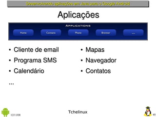 Desenvolvendo aplicações em Java para o Google Android


                            Aplicações


●   Cliente de email    ...