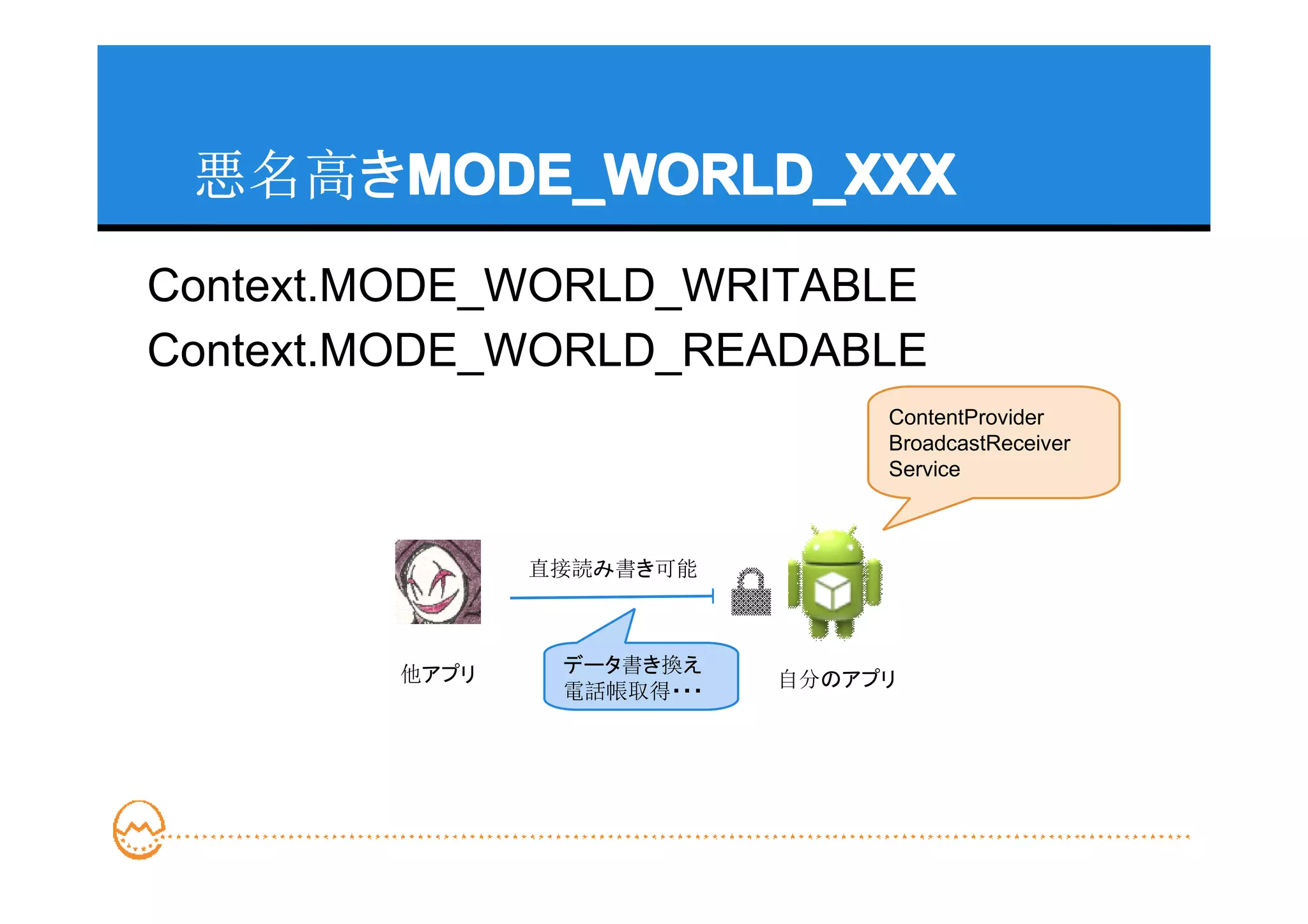 悪名高きMODE_WORLD_XXX
     MODE_WORLD_XXX
Context.MODE_WORLD_WRITABLE
Context.MODE_WORLD_READABLE
                                ContentProvider
                                BroadcastReceiver
                                Service



               直接読み書き可能



        他アプリ    データ書き換え
                           自分のアプリ
                電話帳取得・・・
 
