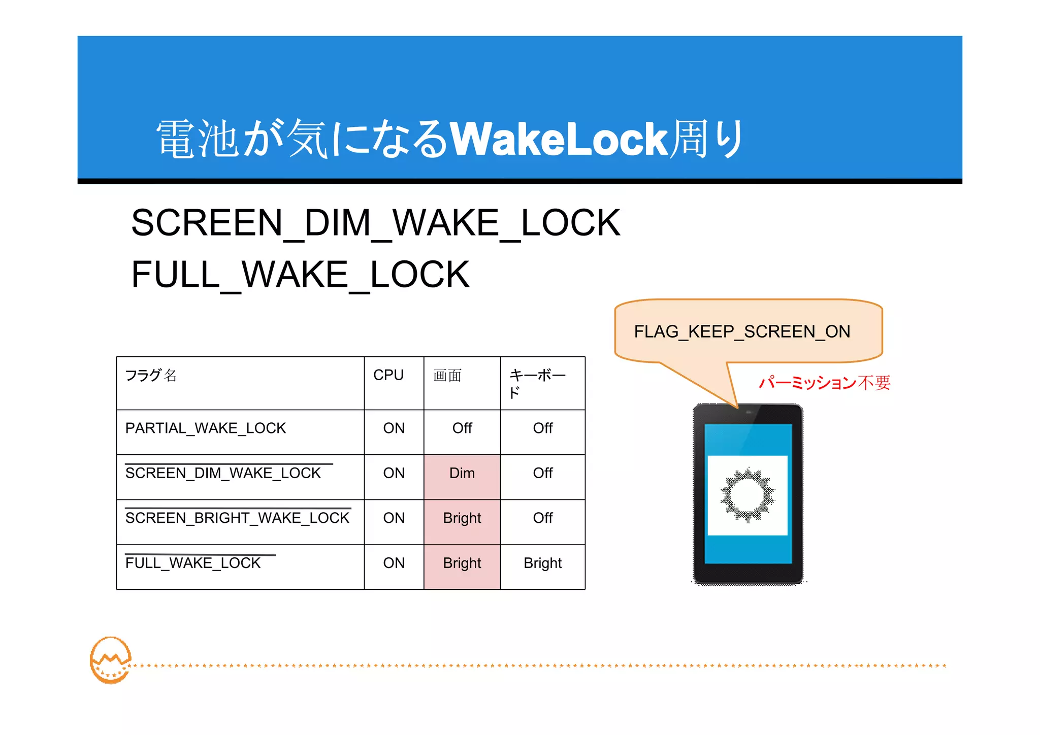 電池が気になるWakeLock
         WakeLock
         WakeLock周り
SCREEN_DIM_WAKE_LOCK
FULL_WAKE_LOCK
                                                   FLAG_KEEP_SCREEN_ON

フラグ名                      CPU   画面       キーボー
                                                             パーミッション不要
                                         ド

PARTIAL_WAKE_LOCK         ON     Off       Off


SCREEN_DIM_WAKE_LOCK      ON     Dim       Off


SCREEN_BRIGHT_WAKE_LOCK   ON    Bright     Off


FULL_WAKE_LOCK            ON    Bright    Bright
 