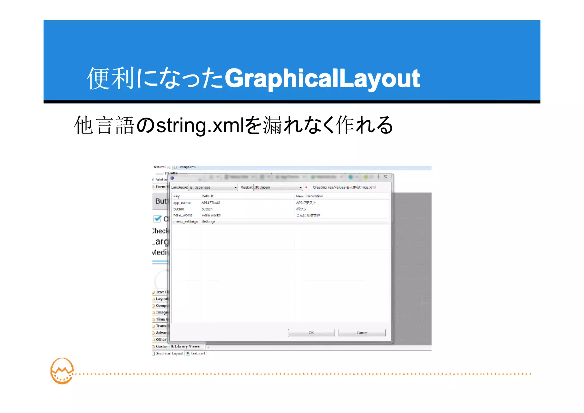 便利になったGraphicalLayout
      GraphicalLayout
他言語のstring.xmlを漏れなく作れる
 