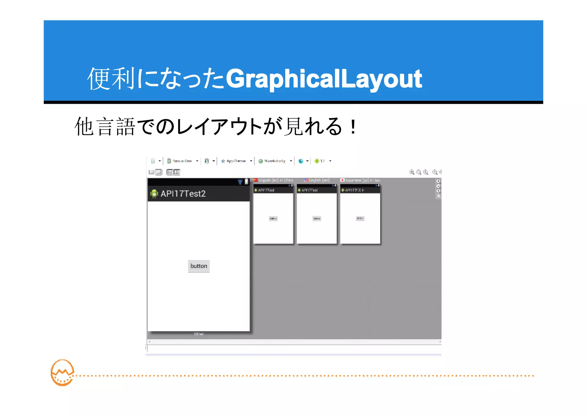 便利になったGraphicalLayout
      GraphicalLayout
他言語でのレイアウトが見れる！
 