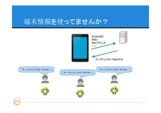 端末情報を使ってませんか？
                                        AndroidID
                                        IMEI
                                        Macアドレス
                                        ・・・




                                            例）アドレス帳・Web履歴


「サーバに保存してるデータください。」                          「サーバに保存してるデータください。」
                      「サーバに保存してるデータください。」
 