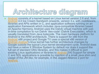    Android consists of a kernel based on Linux kernel version 2.6 and, from
    Android 4.0 Ice Cream Sandwich onwards, version 3.x, with middleware,
    libraries and APIs written in C, and application software running on an
    application framework which includes Java-compatible libraries based
    on Apache Harmony. Android uses the Dalvik virtual machine with just-
    in-time compilation to run Dalvik 'dex-code' (Dalvik Executable), which is
    usually translated from Java bytecode. The main hardware platform for
    Android is the ARM architecture. There is support for x86 from the
    Android x86 project,and Google TV uses a special x86 version of
    Android.Android's linux kernel has further architecture changes by
    Google outside the typical Linux kernel development cycle. Android does
    not have a native X Window System by default nor does it support the
    full set of standard GNU libraries, and this makes it difficult to port
    existing Linux applications or libraries to Android.[54] Support for simple
    C and SDL applications is possible by injection of a small Java shim and
    usage of the JNI like, for example, in the Jagged Alliance 2 port for
    Android.
 