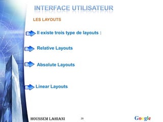 LES LAYOUTS


  Il existe trois type de layouts :


  Relative Layouts


  Absolute Layouts



  Linear Layouts




Houssem LAHIANI         29            Google
 