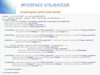 LinearLayout: soit le code suivant


 Linear Layouts: Tous les éléments sont affichés de façon
 linéaire.




                        31
 