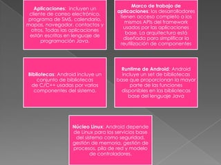 Aplicaciones: incluyen un
cliente de correo electrónico,
programa de SMS, calendario,
mapas, navegador, contactos y
otros. Todas las aplicaciones
están escritas en lenguaje de
programación Java.
Marco de trabajo de
aplicaciones: los desarrolladores
tienen acceso completo a los
mismos APIs del framework
usados por las aplicaciones
base. La arquitectura está
diseñada para simplificar la
reutilización de componentes
Bibliotecas: Android incluye un
conjunto de bibliotecas
de C/C++ usadas por varios
componentes del sistema.
Runtime de Android: Android
incluye un set de bibliotecas
base que proporcionan la mayor
parte de las funciones
disponibles en las bibliotecas
base del lenguaje Java
Núcleo Linux: Android depende
de Linux para los servicios base
del sistema como seguridad,
gestión de memoria, gestión de
procesos, pila de red y modelo
de controladores.
 