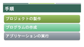 手順
プロジェクトの製作
プログラムの作成
アプリケーションの実行
 
