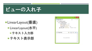 ビューの入れ子
LinearLayout(垂直)
 LinearLayout(水平)
 テキスト入力部
 テキスト表示部
 