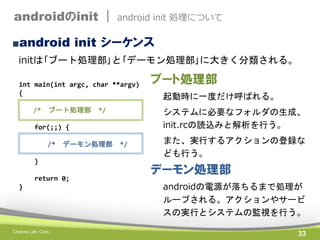 androidのinit |

android init 処理について

■android init シーケンス
initは｢ブート処理部｣と｢デーモン処理部｣に大きく分類される。
int main(int argc, char **argv)
{
/* ブート処理部

*/

デーモン処理部

}
return 0;
}

Chance Lab. Corp.

起動時に一度だけ呼ばれる。
システムに必要なフォルダの生成、
init.rcの読込みと解析を行う。

for(;;) {
/*

ブート処理部

*/

また、実行するアクションの登録な
ども行う。

デーモン処理部
androidの電源が落ちるまで処理が
ループされる。アクションやサービ
スの実行とシステムの監視を行う。
33

 