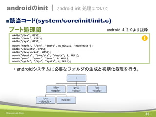 androidのinit |

android init 処理について

■該当コード(system/core/init/init.c)

ブート処理部

android 4.2.0より抜粋

mkdir("/dev", 0755);
mkdir("/proc", 0755);
mkdir("/sys", 0755);

➊

mount("tmpfs", "/dev", "tmpfs", MS_NOSUID, "mode=0755");
mkdir("/dev/pts", 0755);
mkdir("/dev/socket", 0755);
mount("devpts", "/dev/pts", "devpts", 0, NULL);
mount("proc", "/proc", "proc", 0, NULL);
mount("sysfs", "/sys", "sysfs", 0, NULL);

・androidシステムに必要なフォルダの生成と初期化処理を行う。

Chance Lab. Corp.

35

 