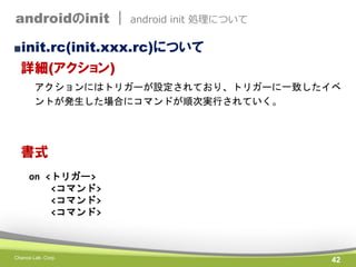 androidのinit |

android init 処理について

■init.rc(init.xxx.rc)について

詳細(アクション)
アクションにはトリガーが設定されており、トリガーに一致したイベ
ントが発生した場合にコマンドが順次実行されていく。

書式
on <トリガー>
<コマンド>
<コマンド>
<コマンド>

Chance Lab. Corp.

42

 