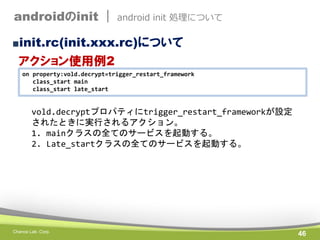 androidのinit |

android init 処理について

■init.rc(init.xxx.rc)について

アクション使用例2
on property:vold.decrypt=trigger_restart_framework
class_start main
class_start late_start

vold.decryptプロパティにtrigger_restart_frameworkが設定
されたときに実行されるアクション。
1. mainクラスの全てのサービスを起動する。
2. Late_startクラスの全てのサービスを起動する。

Chance Lab. Corp.

46

 